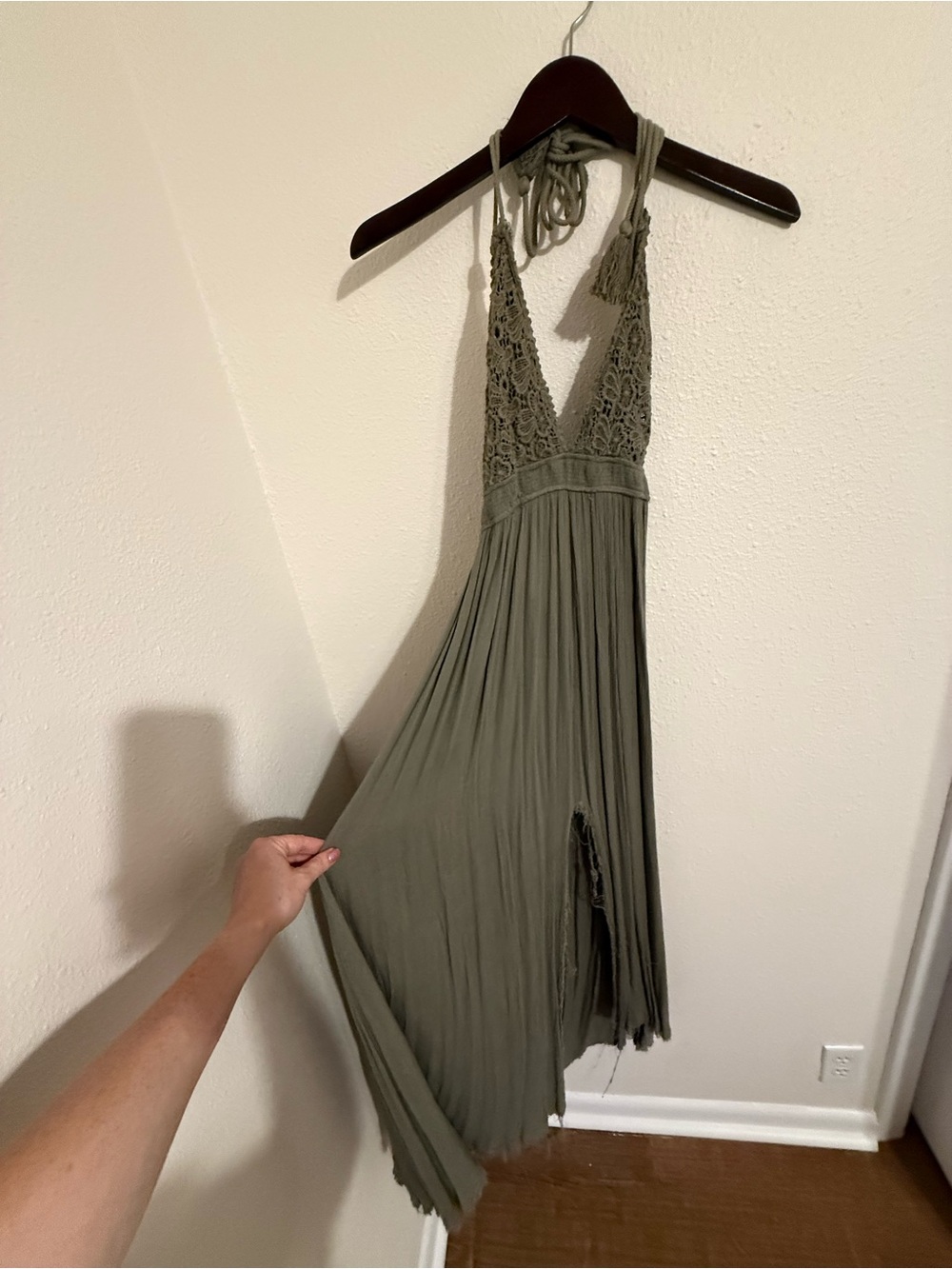 Olive Green Crochet Halter Maxi Dress (S)